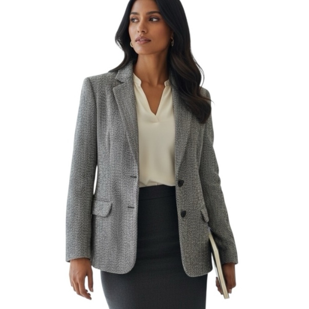 Vintage Oscar de la Renta Gray Herringbone Tweed Wool Blend Blazer